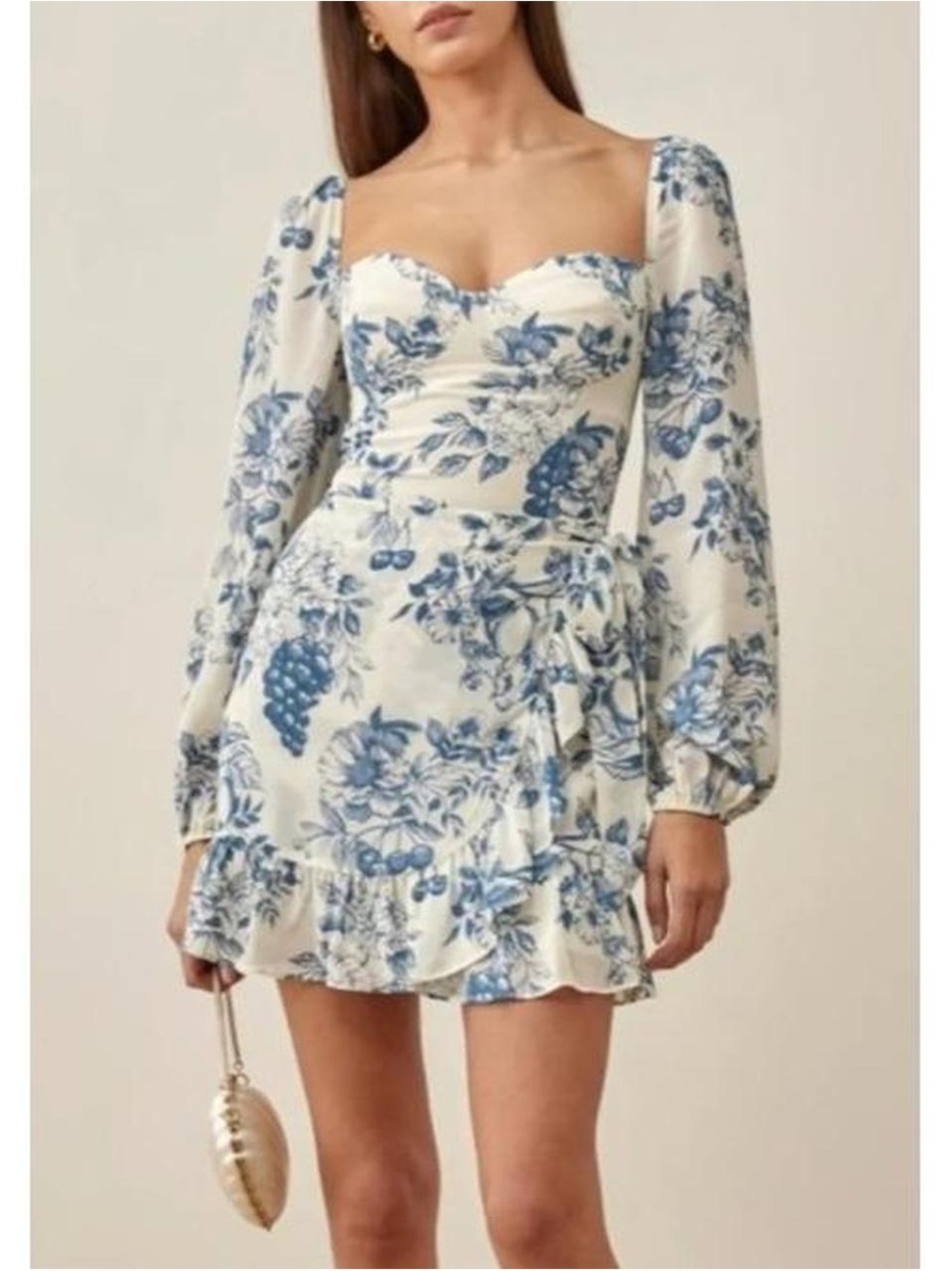 Reformation White Mini Dress with Blue Floral Print
